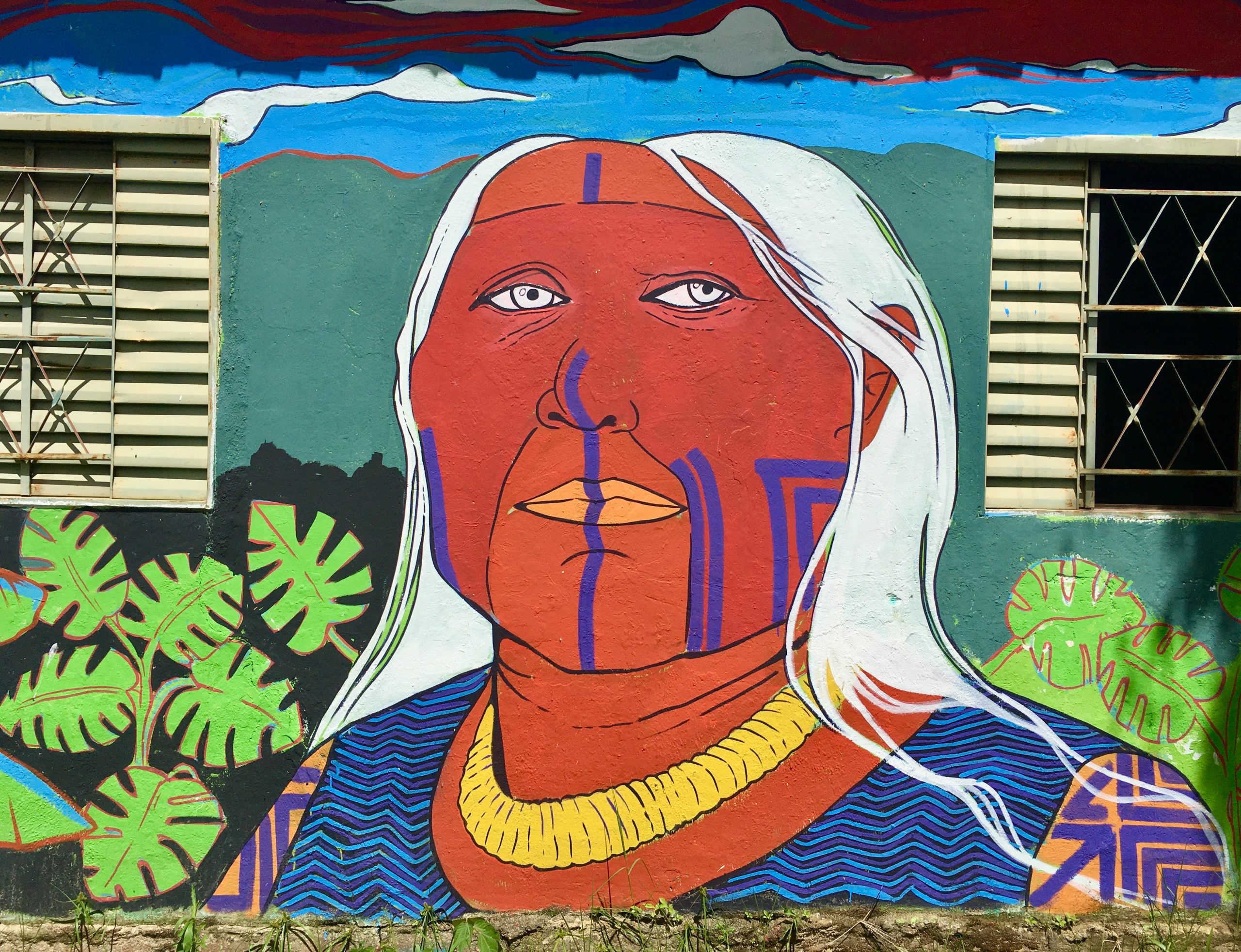 Fotografia da parede de uma casa com um grafiti de uma mulher indígena, de rosto vermelho e cabelos brancos